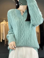 Autumn Winter Women Pullovers 100% Mink Cashmere Sweater Thick Warm V-Neck Twist Casual Cashmere Knitwear Korean Fashion Tops