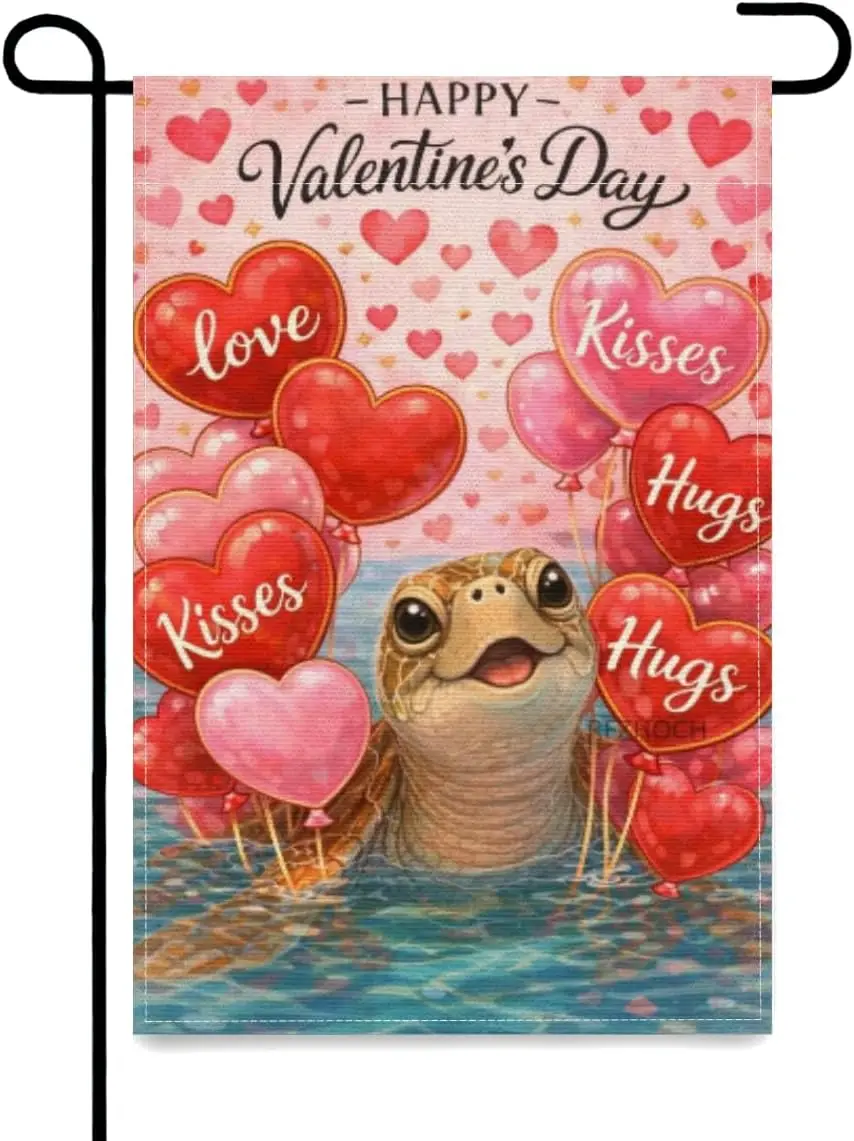 Valentine’s Day Romantic Garden Flag 12x18 Inch,Cute Sea Turtle Heart Balloons Love Kisses Hugs Yard Outdoor Flags,Double Si AAS