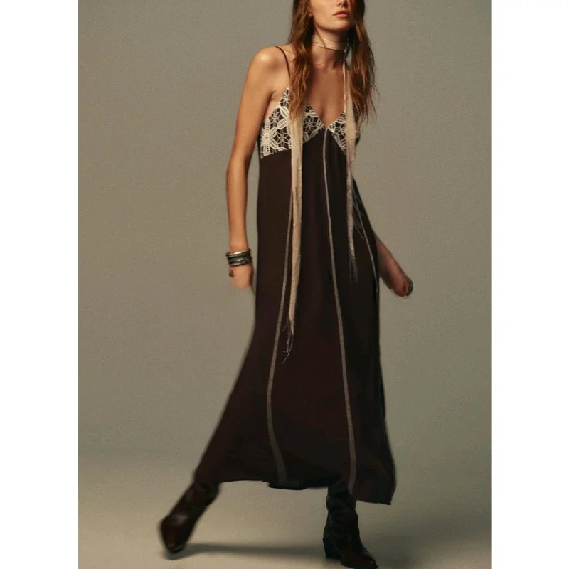 Fall Women's Color Blo Embroidery V-Ne Strap Midi Dr High Waist A-Line Skirt Polyester Fiber No Sve Casual Wear