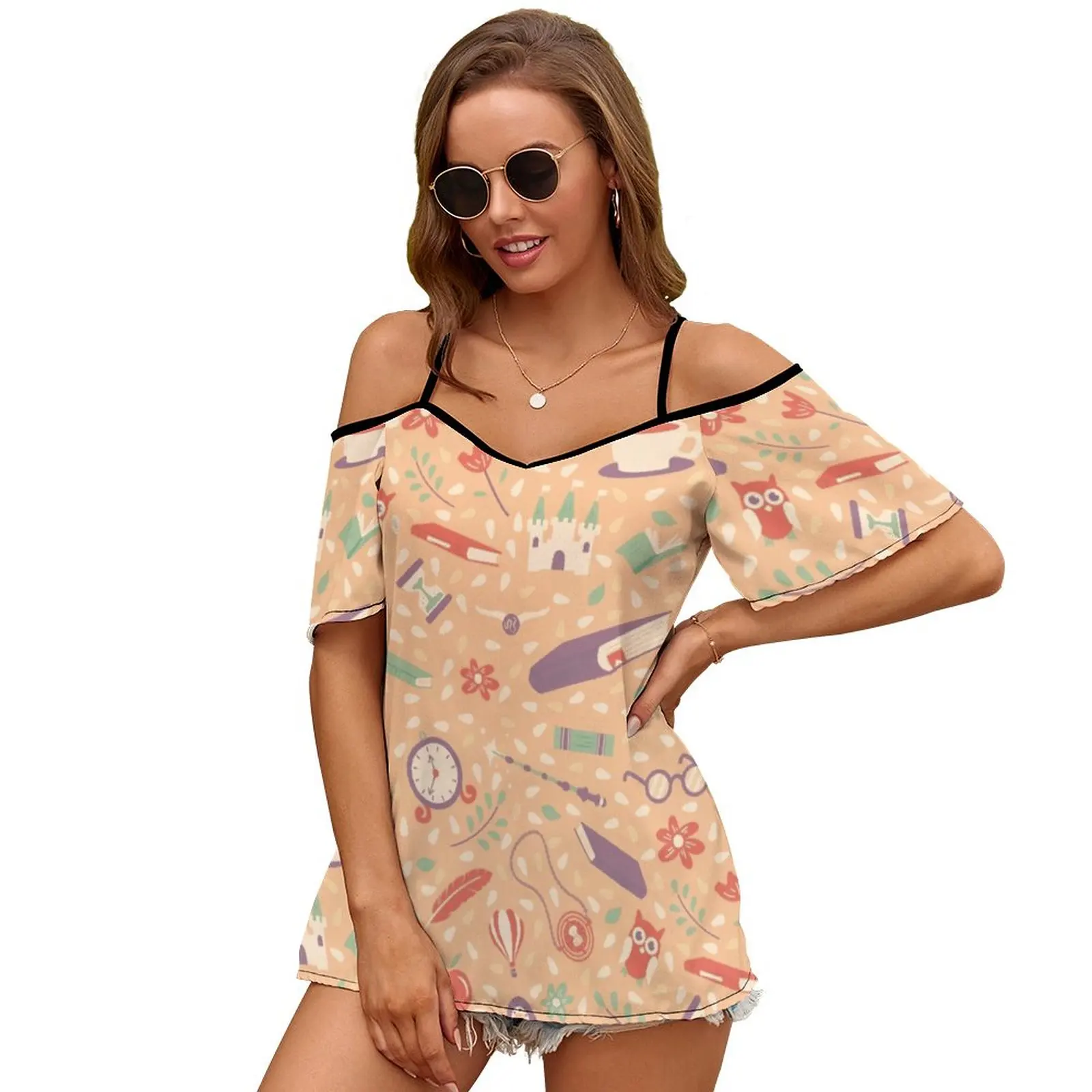 Read Books Pattern Women Short Sleeve Tops O-Neck Hollow Out Shoulder Strap Tees Streetwear Read More Books Read Reading Book