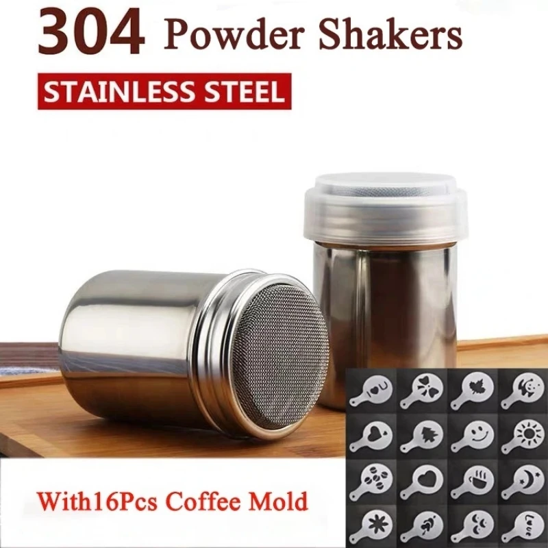 1pc Stainless Steel Chocolate Shaker Cocoa Flour Coffee Sifter Or 16Pcs Coffee Stencils Template Strew Pad Duster Spray Tools