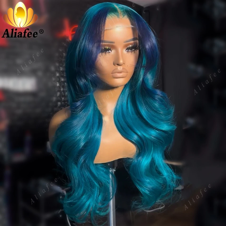 

30 Inches Ombre Blue 13x6 Hd Lace Frontal Body Wave Wigs Human Hair for Women Brazilian Pre Plucked 13X4 Lace Frontal Wigs