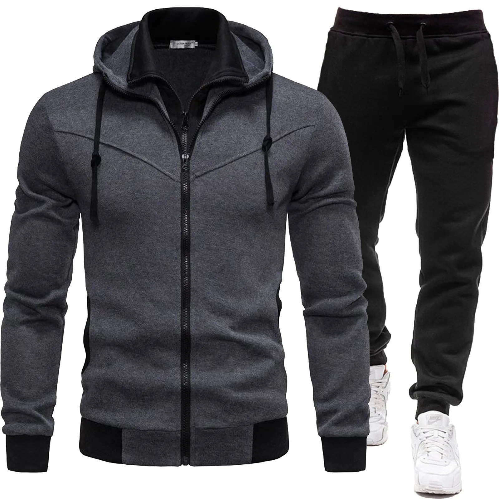 2024 Men\'s Casual Hoodies Tracksuit Set Long Sleeve Full Zip Hoodies And Sweatpants Set Running Jogging Fake Two Piece Hoodies