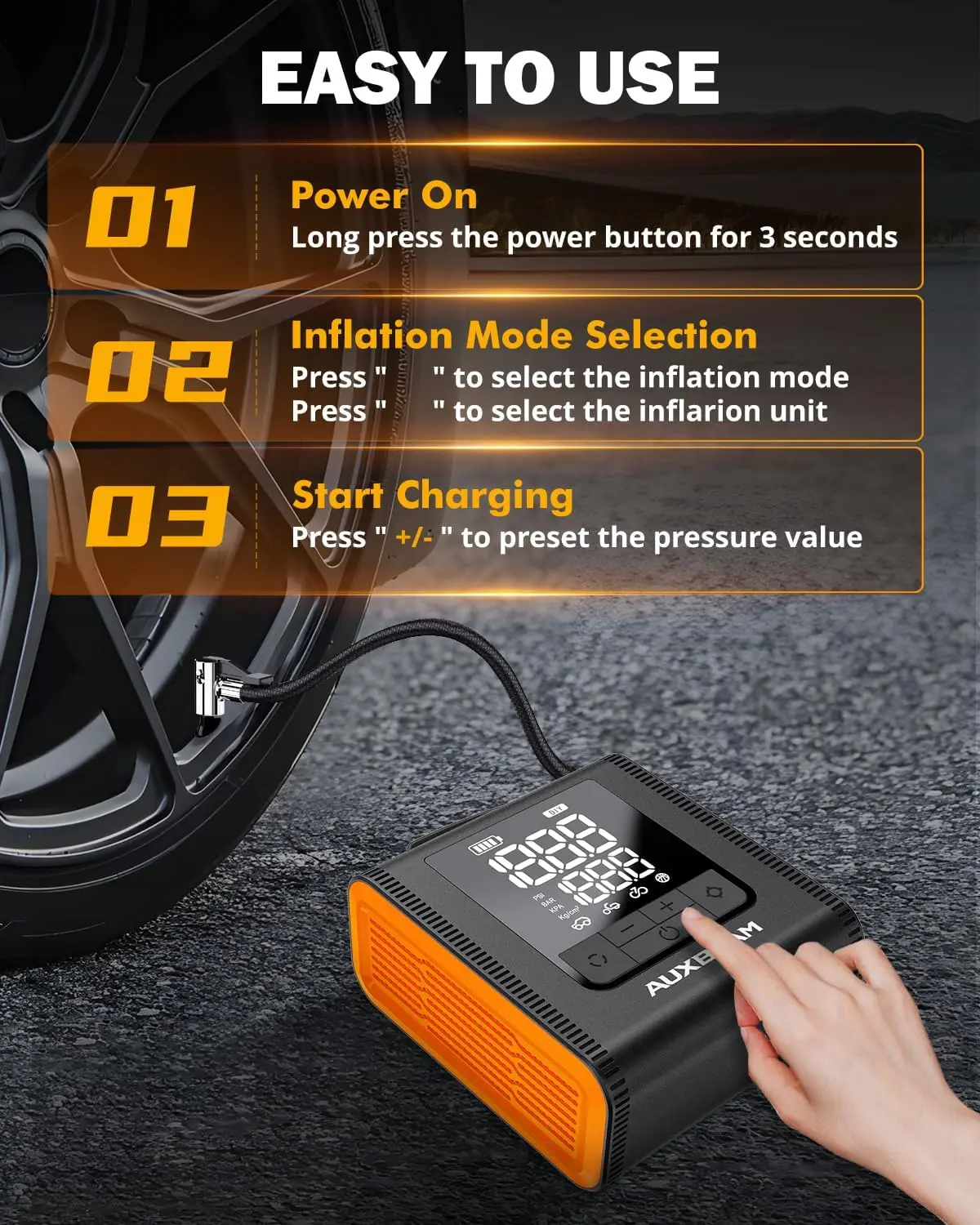 Portable Tire Inflator 150PSI Rechargeable 5200mAh with LCD Screen for Car Motorcycle Bike Ball