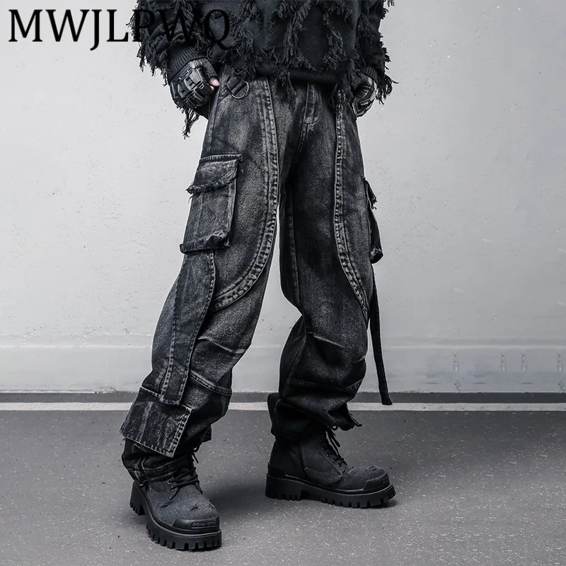 

MWJLPWQ Unique Punk Heavy Deconstructed Patchwork Subculture Trousers Multi-Pocket Street Washed Vintage Wide-Leg Pants 12294