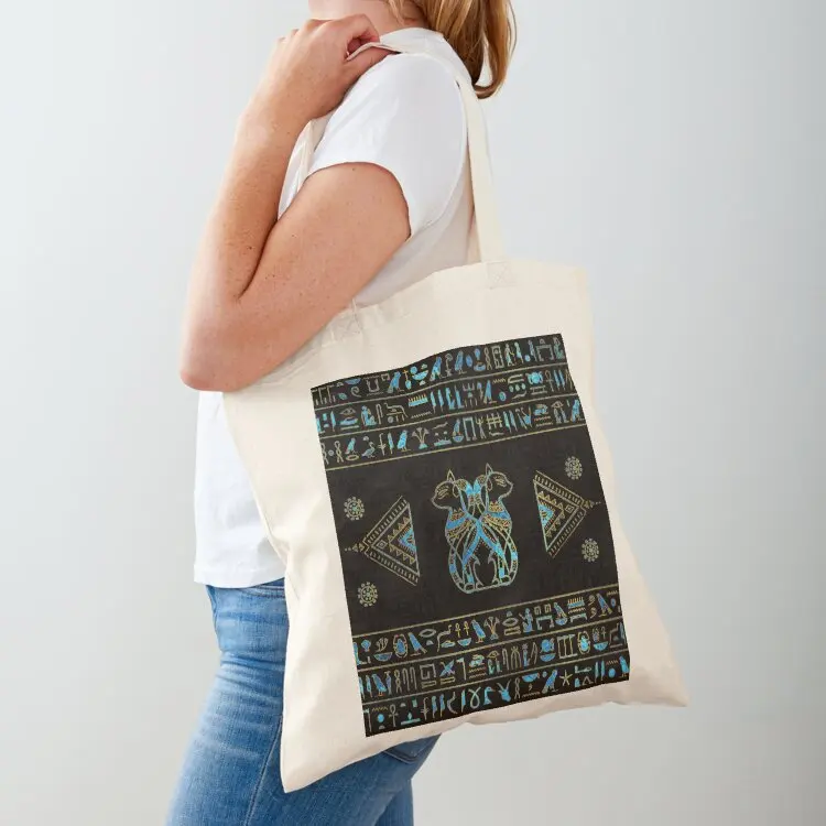 

Egyptian Cats Gold and blue stained glass Tote Bag Women bags sac pour femme bags for women Fabric bag