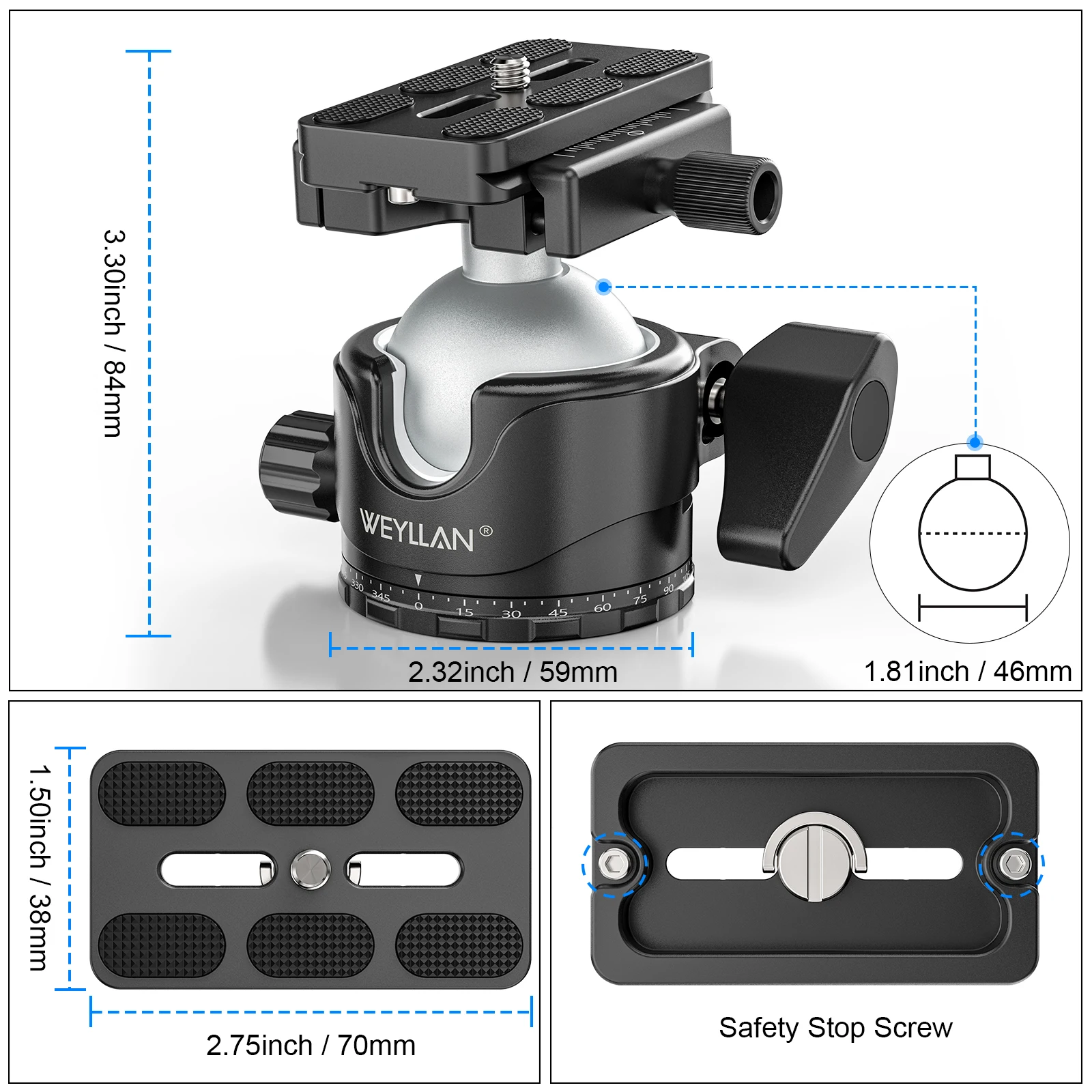 Tripod Ball Head with Lever Release 46mm Low Profile Ball Head Mount with Arca Swiss Plate WEYLLAN EH46L for Monopod Load 20kg