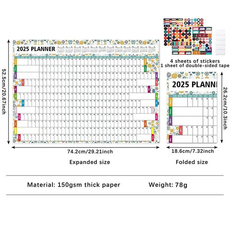 Настенный календарь на 2025 год, большой настенный календарь с плакатом, настенный календарь-планировщик на год. Календарь на 365 дней для школьного офиса.