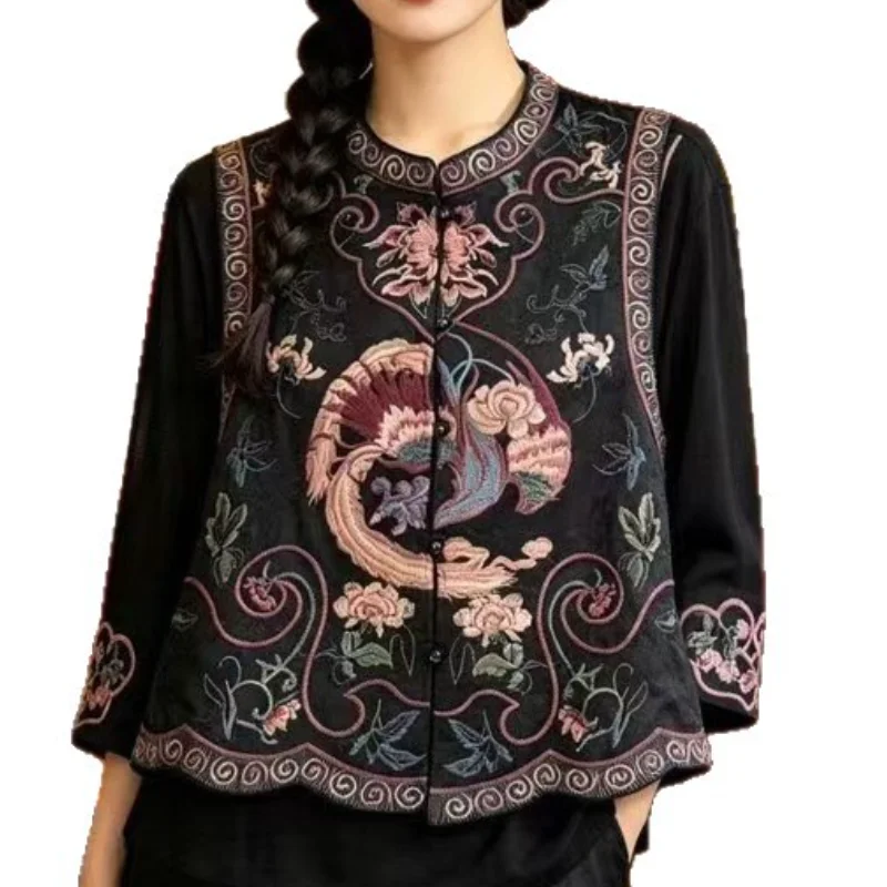 New Chinese Style Women Qipao Tops Embroidery Sleeveless Jacket Round Collar Cardigan Blouse Daily Casual Vintage Button Shirt
