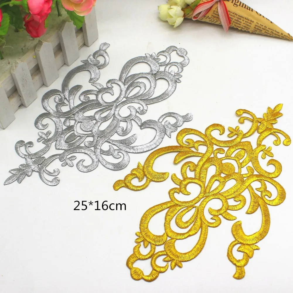 1 Piece Gold Embroidered Patches Baroque Style Iron On Flower Vintage Diy Trims Shiny Metallic Gold And Silver 20.5cm*10cm