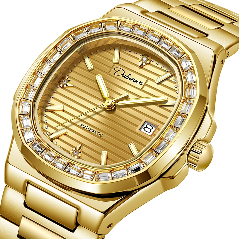 

Dulunwe Автоматические часы с бриллиантовым ободом для мужчин Светящиеся водонепроницаемые деловые золотые стальные наручные часы Механические часы