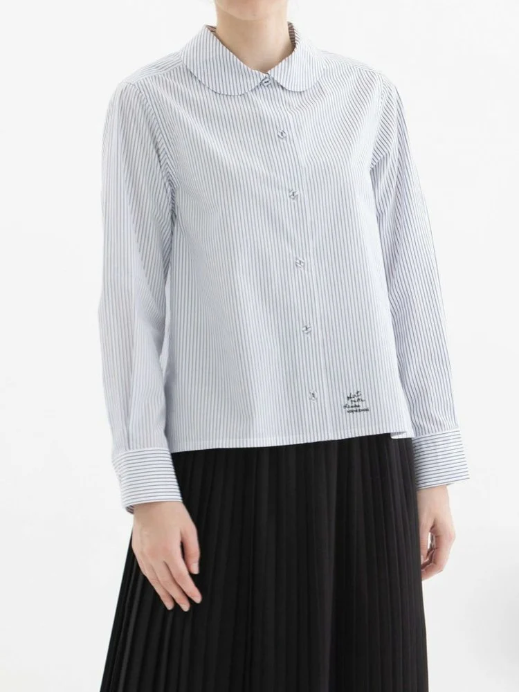 Autumn 2026 Long Sleeve Cotton Shirt Women's Casual Style Embroidered Collar Polka Dot Stripe Pattern Doll Collar Breathable ...