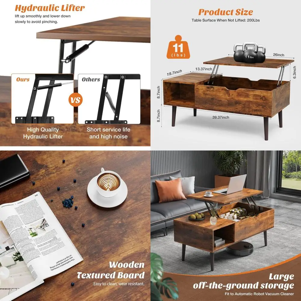 

Кофейный столик из коричневого дерева с полкой для хранения и скрытым отделением для небольших гостиных