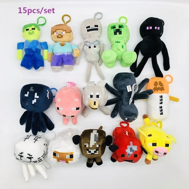 15Pcs/Set Creeper Stuffed Plush Doll Keychain Toys Zombie Bat Squid Steve Enderman Ocelot Pig Sheep Pendant Minecrafte Gift Toy