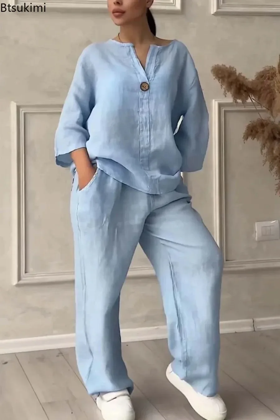 New 2024 Women's 2-piece Cotton Linen Pant Sets Solid Long Sleeve Shirt Top+ Wide-leg Trousers Two-piece Casual Loose Suit Sets