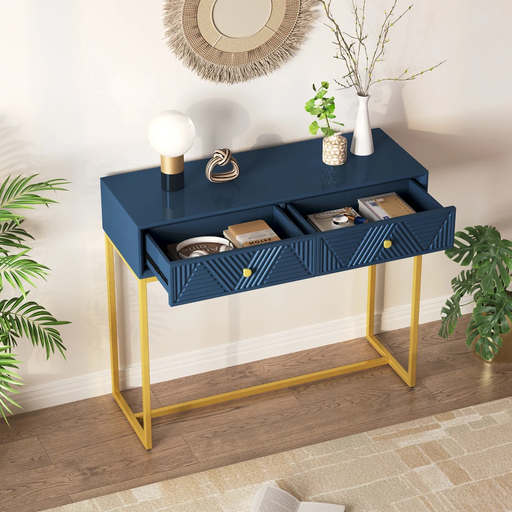 TREXM Modern Sleek Console Table Two Drawers with Stripe Design for Living Room and Entryway (Navy)