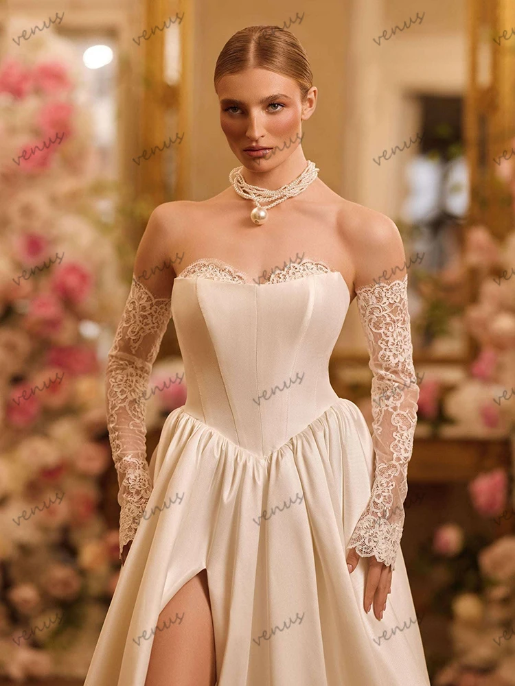 Klasyczne suknie ślubne Proste suknie ślubne Koronkowe aplikacje Seksowne bez ramiączek Długie do ziemi Szaty Vestidos De Novia Szyte na miarę 2026