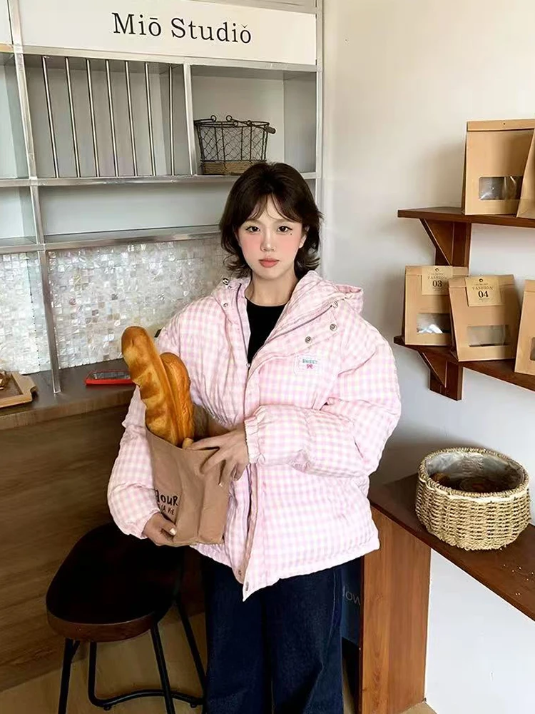 여성을위한 한국어 세련된 격자 무늬 후드 코트 겨울 두꺼운 따뜻한 느슨한 캐주얼 패딩 다운 재킷 Y2K 여성 올 매치 지퍼 겉옷