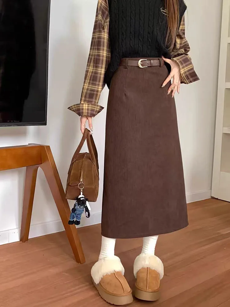 Vintage Corduroy Skirts for Women Autumn High Waist with Belt Midi Skirts Korean Loose Office Lady All Match A Line Skirts New
