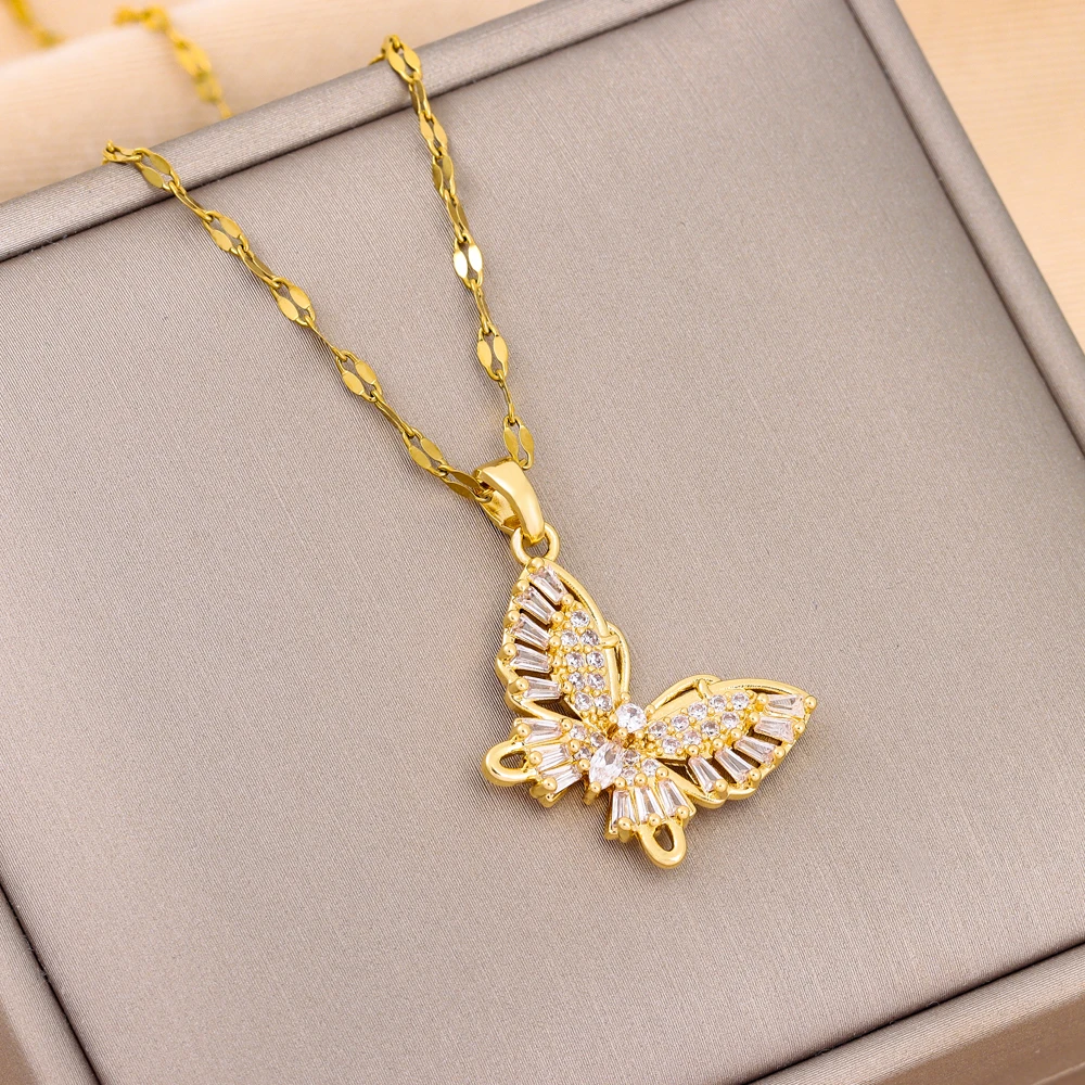 Neue Süße Zirkon Kristall Schmetterling Anhänger Halsketten Für Frauen Temperament Licht Luxus Gold Farbe Edelstahl Hals Kette