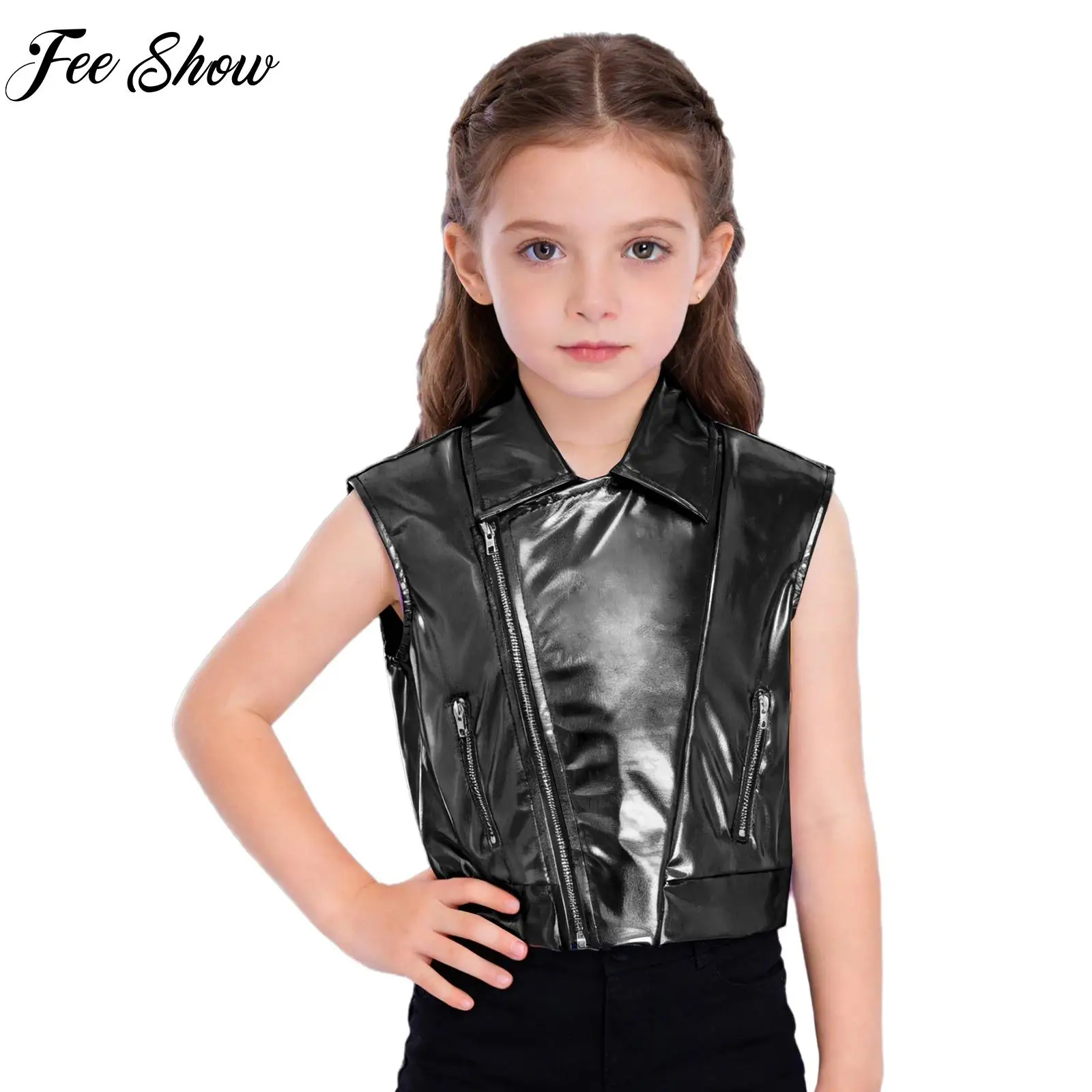 

Kids Girls Zipper Metallic Modern Dance Vest Set Sleeveless Outerwear Hip Hop Jazz Dance Musical Party Stage Performance Costume