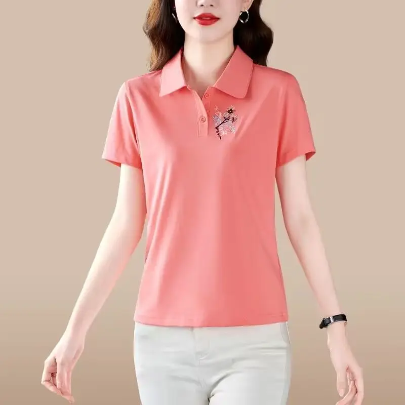 Spring Summer Women's Turn-down Collar Short Sleeve Polo T-shirt Solid Pullover Large Printing Embroidered Female Clothing Tops