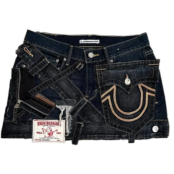 Y2K Gothic Punk Style Denim Short Skirt Women Harajuku Retro Patched Zipper Skirt Streetwear Low Waist Vintage Jeans Mini Skirt 2