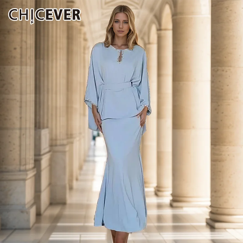 CHICEVER Spliced Diamond New Two Piece Set For Women O Neck Flare Sleeve Top High Waist Slimming Skirts Elegant Suits Female New