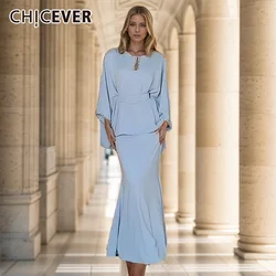 CHICEVER Spliced Diamond New Two Piece Set For Women O Neck Flare Sleeve Top High Waist Slimming Skirts Elegant Suits Female New