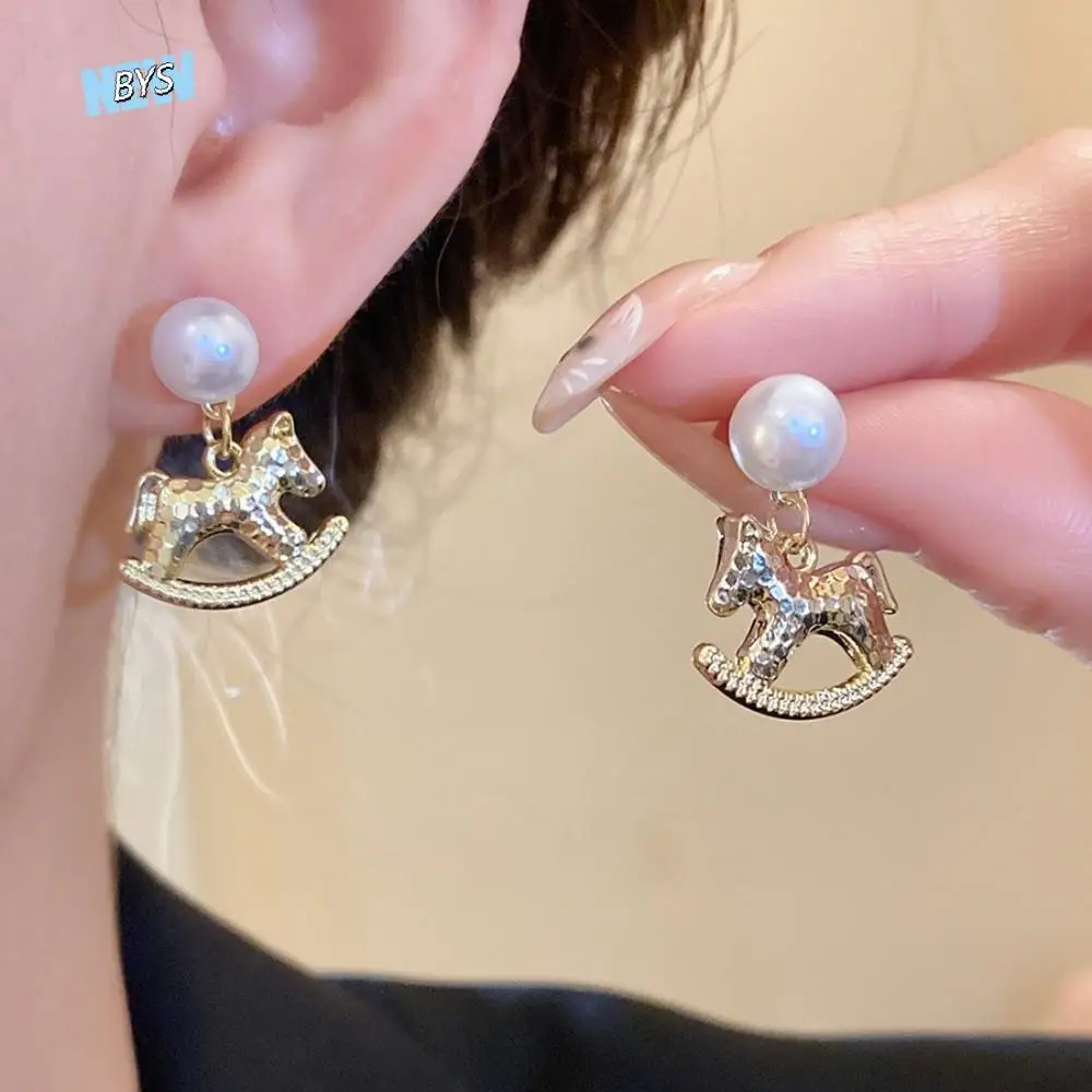

Chinese Horse New Year Pearl Zodiac Pony Earrings Fashion Jewelry Pearl Cartoon Horse Earrings Rocking Pony Cartoon