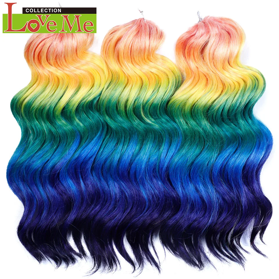LOVE ME 16inch 300g/3pc Deep Wavy Hair Twist Crochet Hair Synthetic Crochet Braids Green Rainbow Water Wave Hair Extensions