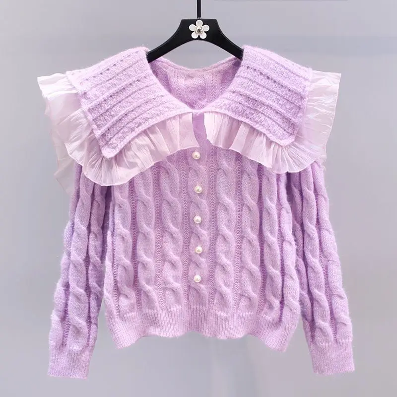 

Весенне-осенний милый свободный дизайн, свитер с длинными рукавами, милый кукольный воротник, пуловер, куртка, повседневный универсальный вязаный топ