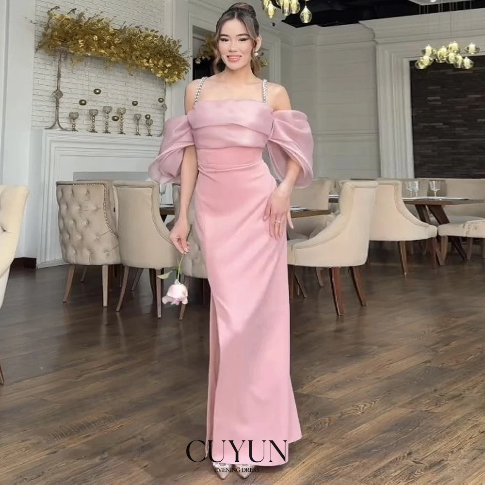 

CUYUN Off the Shoulder Blue Women Evening Dresses vestidos de fiesta elegantes Beading Straps High Slit Silk Satin Prom Dresses