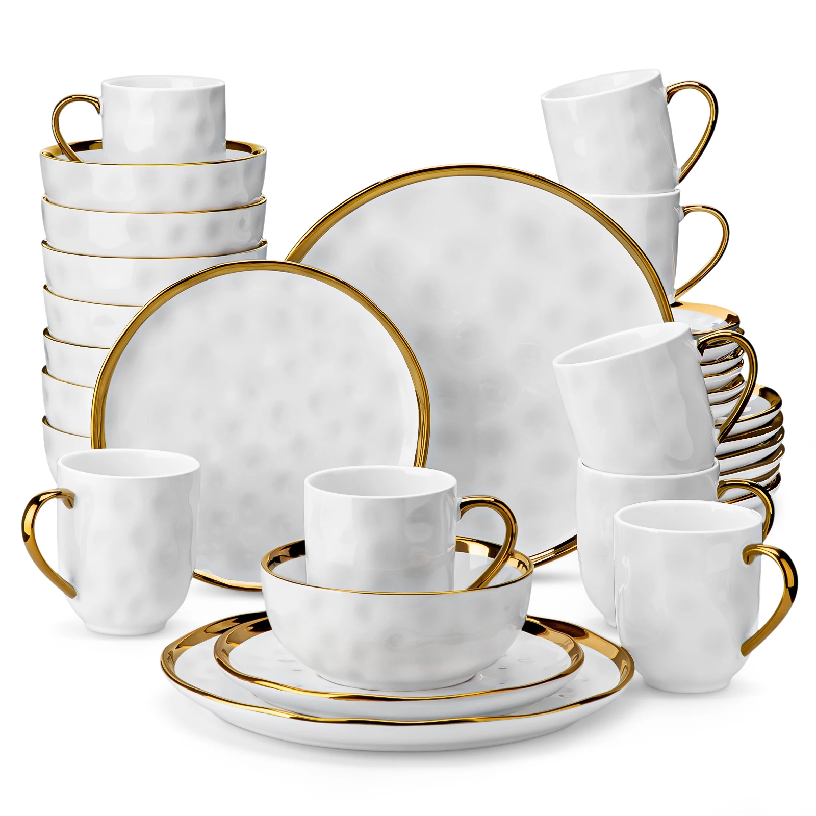 LOVECASA 16/32-delige witte handgemaakte serviesset met gouden rand Stonewre set dinerbord/dessertbord/kop/kom serviesset