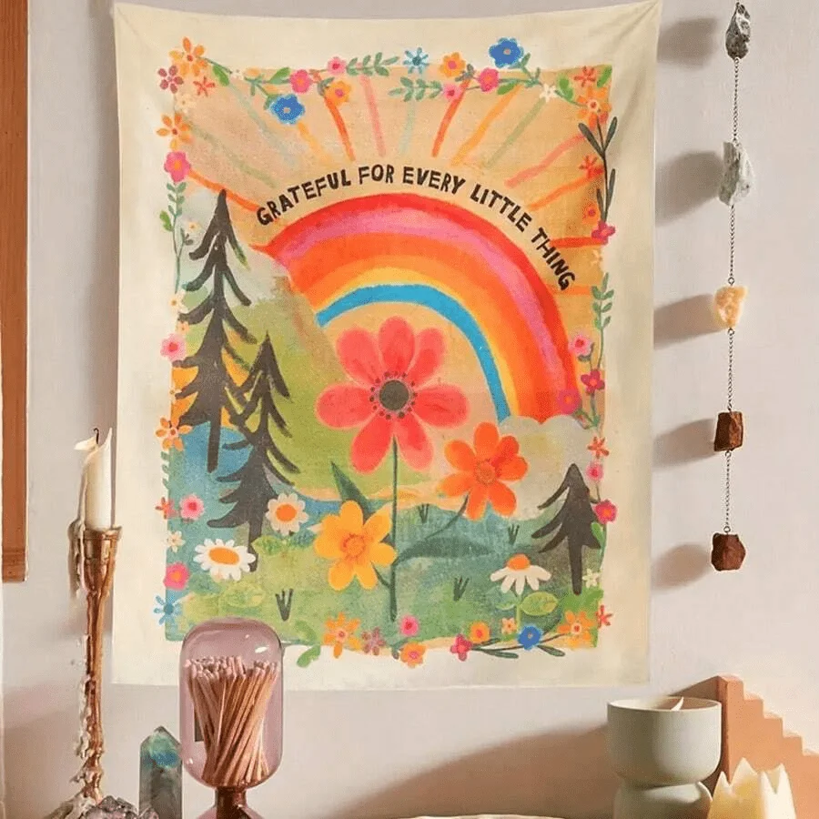 

VIKAMA Gratitude Rainbow Tapestry Colorful Flowers Pine Tree Border Bedroom Bed and Breakfast American Decorative Art