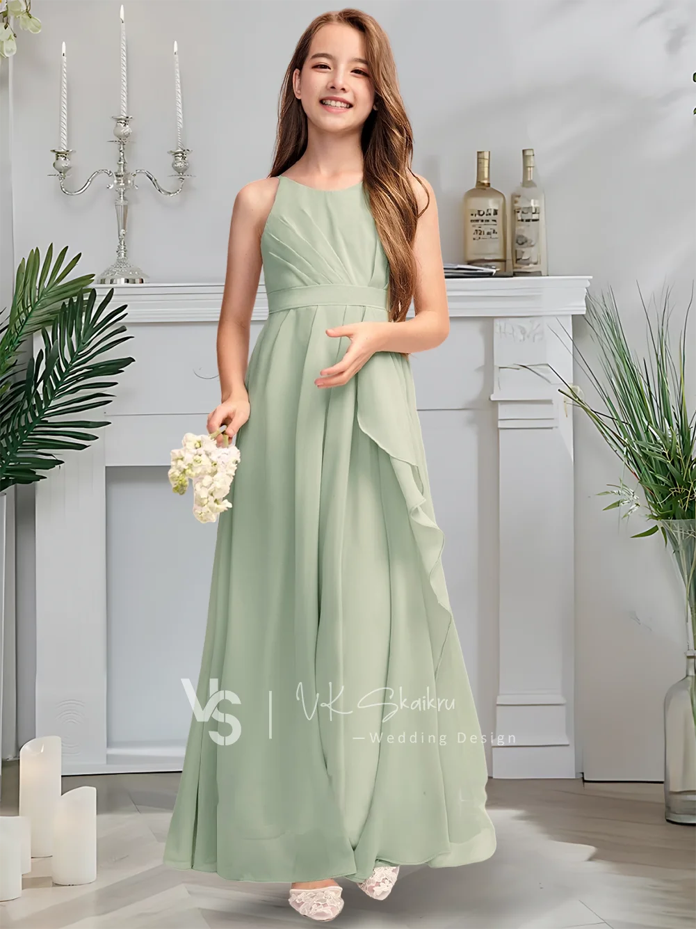 Gaun Pengiring Pengantin Junior A-Line Panjang Lantai Mewah Sifon Leher Sendok dengan Gaun Gadis Bunga Pistachio Ruffles Bertingkat