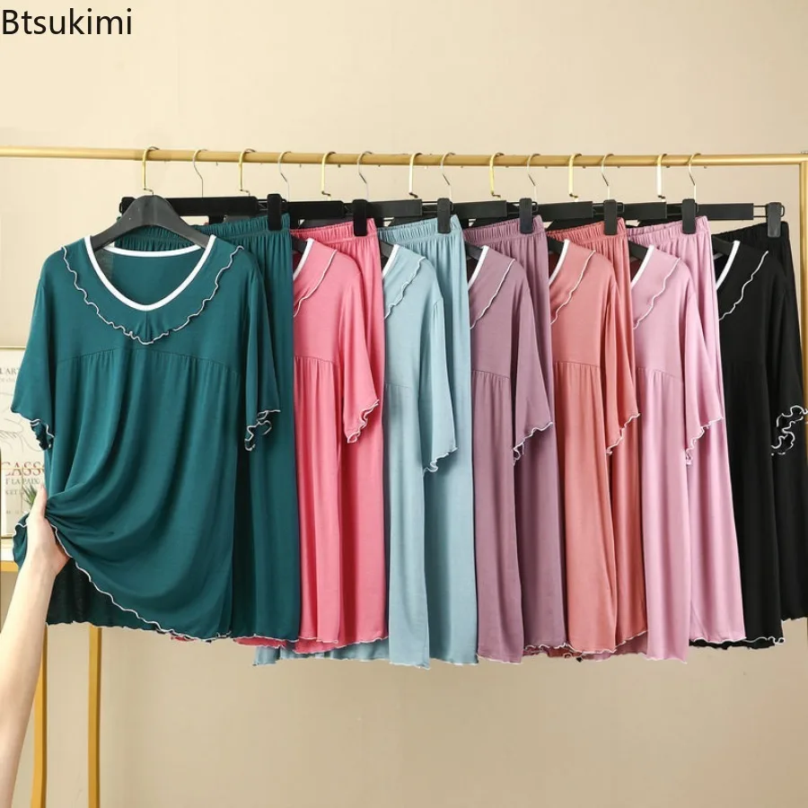 Women's Pajamas Sets New V Neck Short Sleeve Capri Pants Suit Modal Casual Sleep Wear Home Clothing Night Pijamas Sets Female
