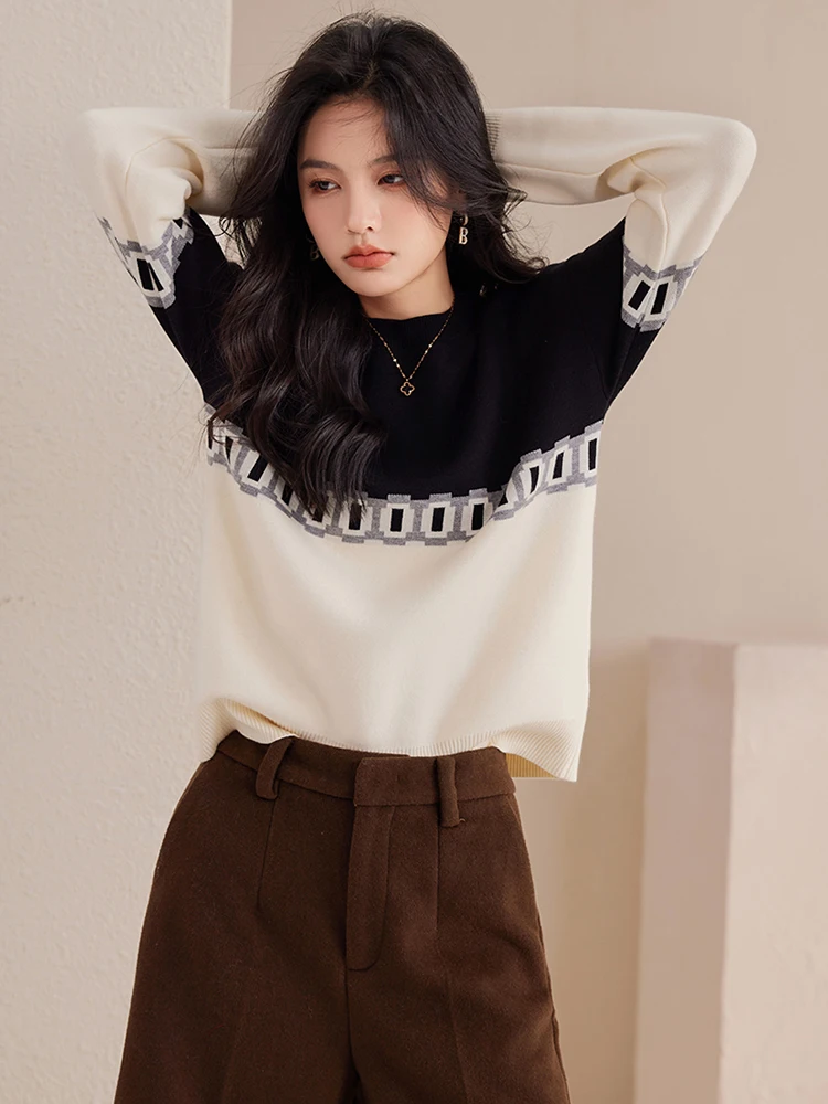 Knitted Sweater Women Autumn New Fashion Contrasting Color Casual Versatile Long Sleeved Tops Lazy Style Pullover Sweater