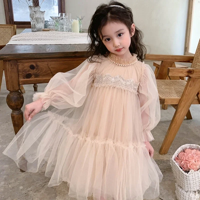 

Long Sleeve Dress With Pearl Kids Baby Girls Mesh Dress Autumn Spring 2 3 4 6 8 10 Years Children Princess Ball Gown Party