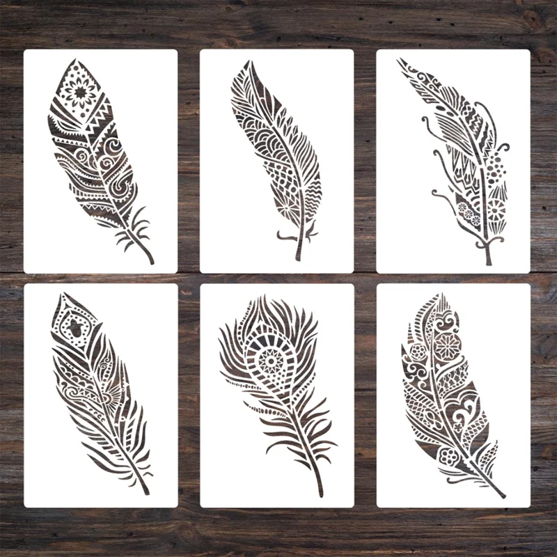 

26x17.8cm Reusable Mandala Feather Stencils PET Hollow Leak Painting Template For DIY Furniture Wall Art Decorative Layering