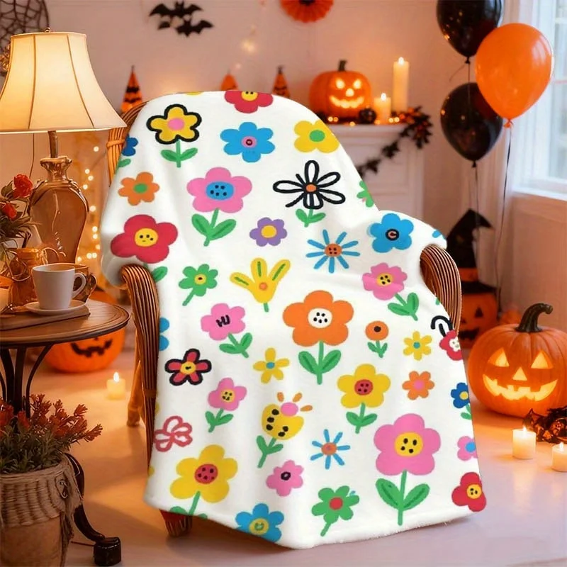 1pc Cartoon Style Colorful Flower Pattern Creative Design Collection Blanket, Artistic Flannel Blanket, Lightweight and Easy to