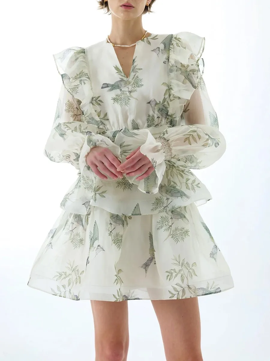 투트윈스타일 우아한 프린팅 시스루 러플 드레스 여성용 V넥 긴팔 하이웨이스트 기품있는 드레스