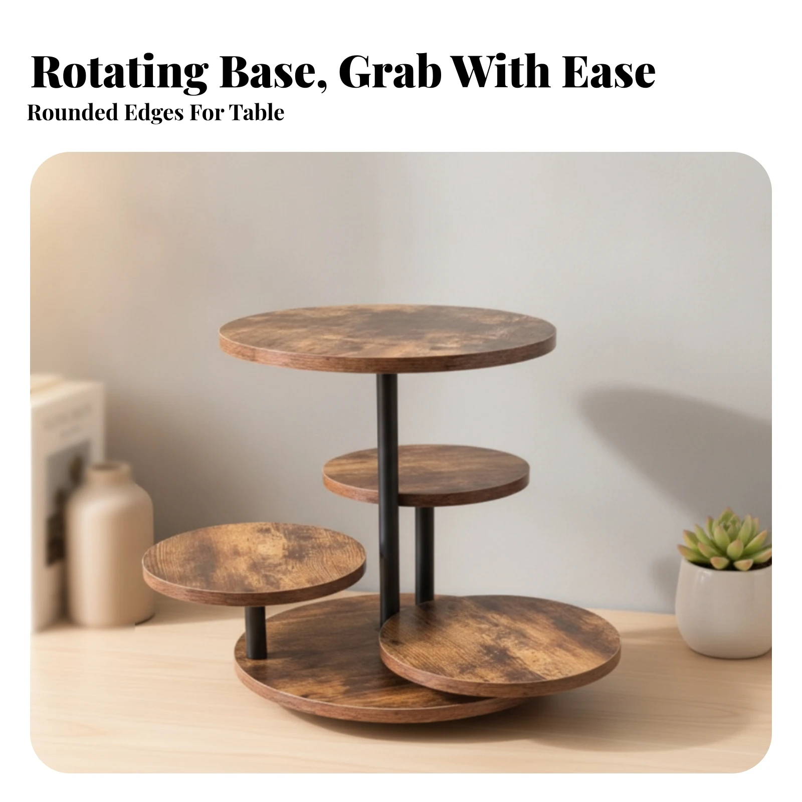 Wooden Cupcake Stand 4-Tier Dessert Display Rotating Display Stand Rounded Edges Round Shelves