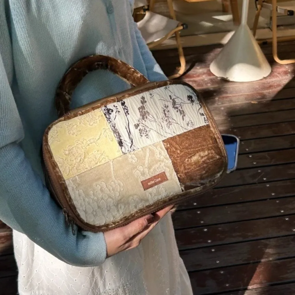 Flor jacquard tecer saco de maquiagem couro do plutônio portátil caixa de armazenamento de produtos de cuidados com a pele multifuncional artístico portátil caso de maquiagem