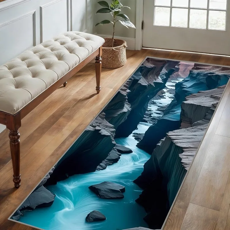 2D Canyon River Optical Illusion Runner Rug Turquoise Canyon Stream Print Non-Slip Carpet Modern Nature Landscape Themed Mat