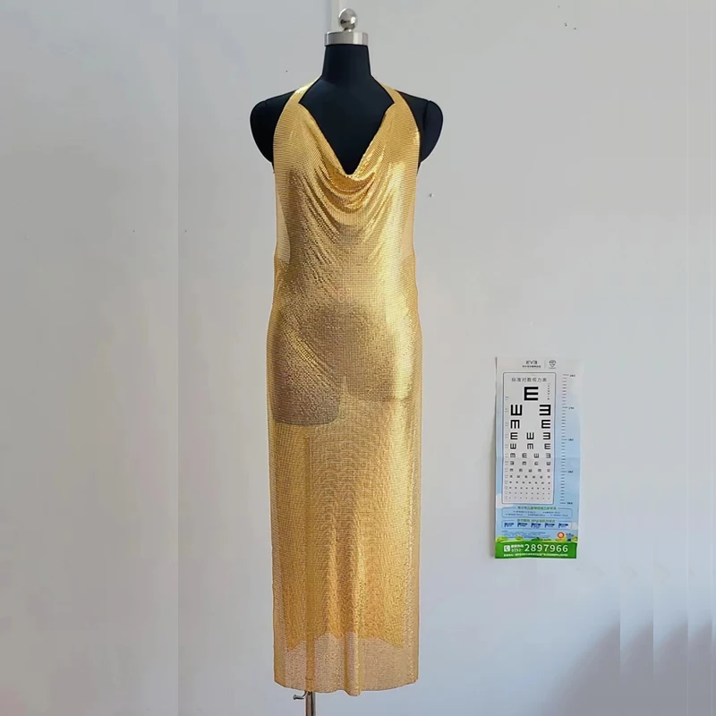 Damen Sexy Glänzendes Gold-Pailletten-Neckholder-Kleid Rückenfreies Bodycon Midikleid Nachtclub Party Abend Cocktailkleider Vestidos Mujer – Detail 6