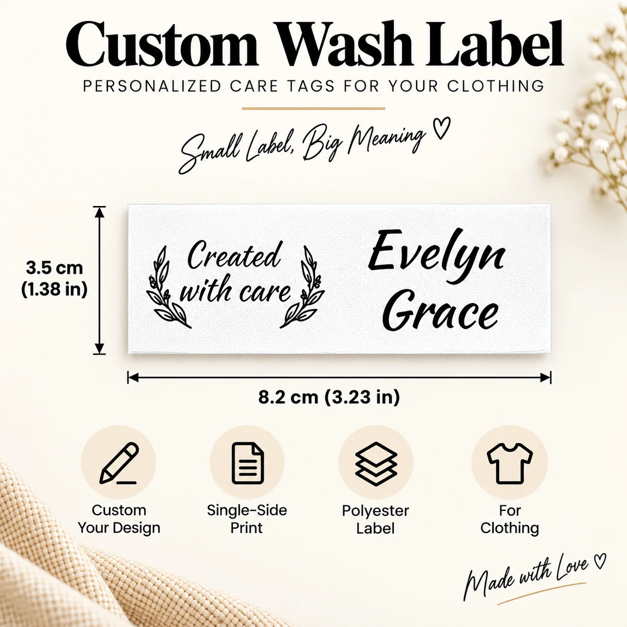 Custom Wash Care Labels Personalized Clothing Tags Polyester Fabric Labels Custom Name Logo Sewing Labels for Handmade Clothes