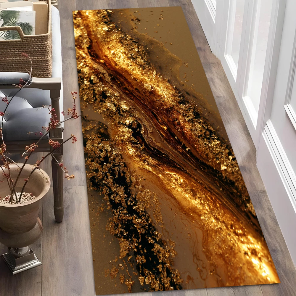 Gold Black Agate Resin Fluid Marble Art runner rug hallway entry foyer bedroom condo villa living room durable mat gift