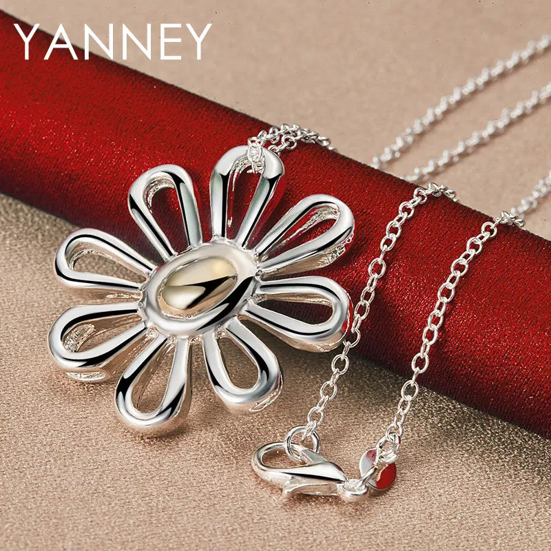 

New 925 Sterling Silver Necklace 16-30 Inches FIne 32MM Flower Pendant For Women Fashion Wedding Gift Party Jewelry