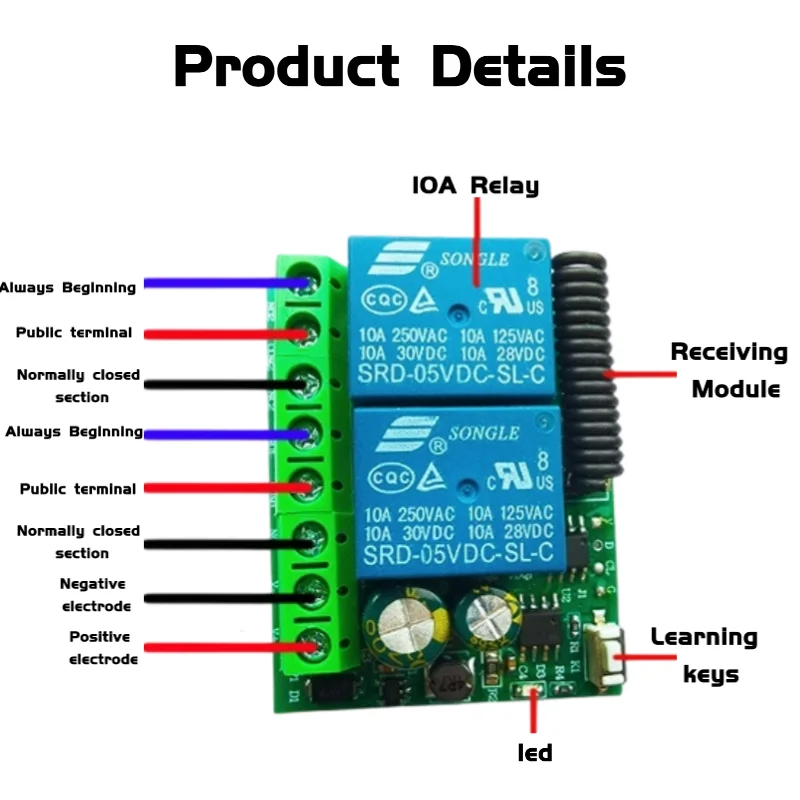 2-Channel 433MHz RF Wireless Remote Control Switch DC 12V Relay Receiver Module Suitable Garage Door Transmitter